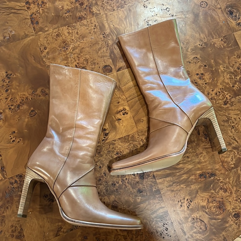 Charles David vintage leather square toe heeled neutral brown zip calf boot